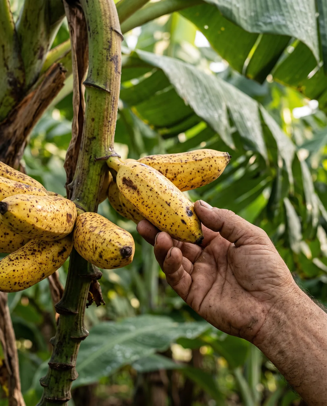 Ripe, freckled heirloom bananas on the plant, a farmer's hand checking them