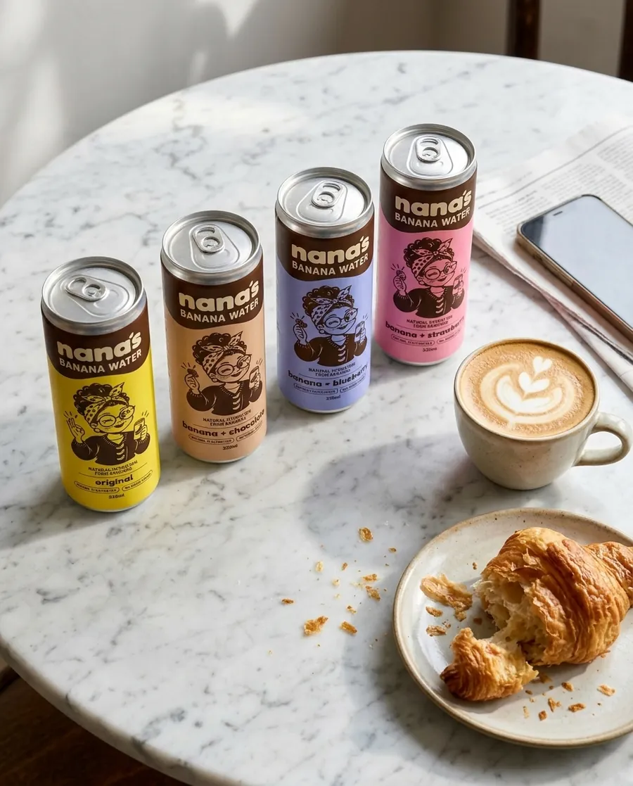 All four Nana's flavours on a marble cafe table beside a flat white