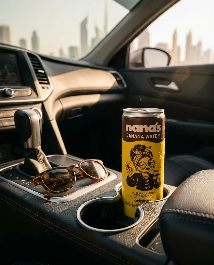 A can of Nana's in a car cup holder with Sheikh Zayed Road ahead