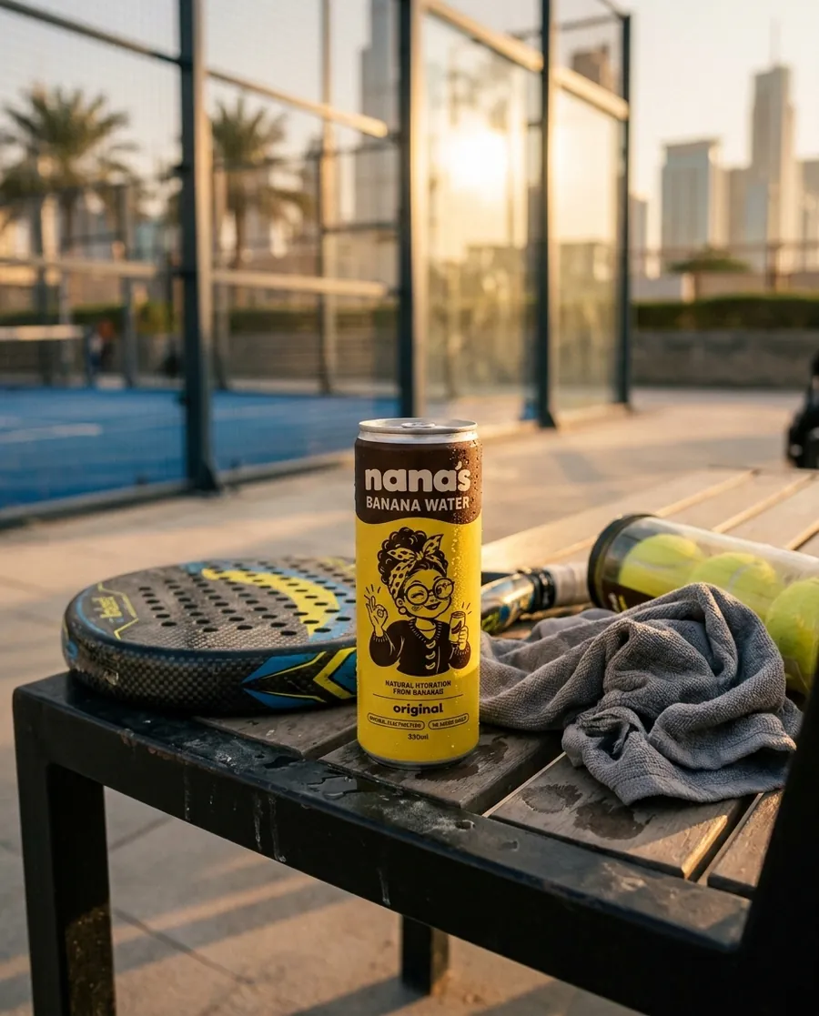 A can of Nana's on a padel court bench at golden hour